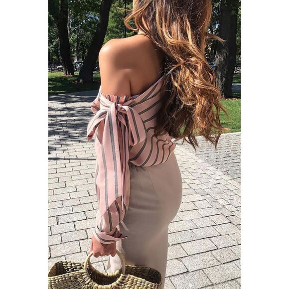 Azura Exchange  Pink Striped Asymmetric Tied Shoulder Blouse - Picture 6 of 8